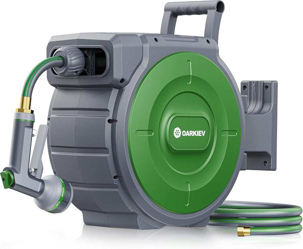 Upgraded Retractable Garden Hose Reel 150ft with Any-Length Lock and 180° Swivel Bracket