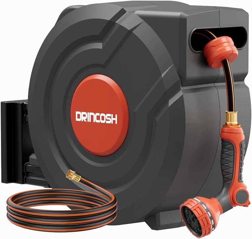 130ft Retractable Hose Reel with Automatic Rewind, 9 Pattern Nozzle &