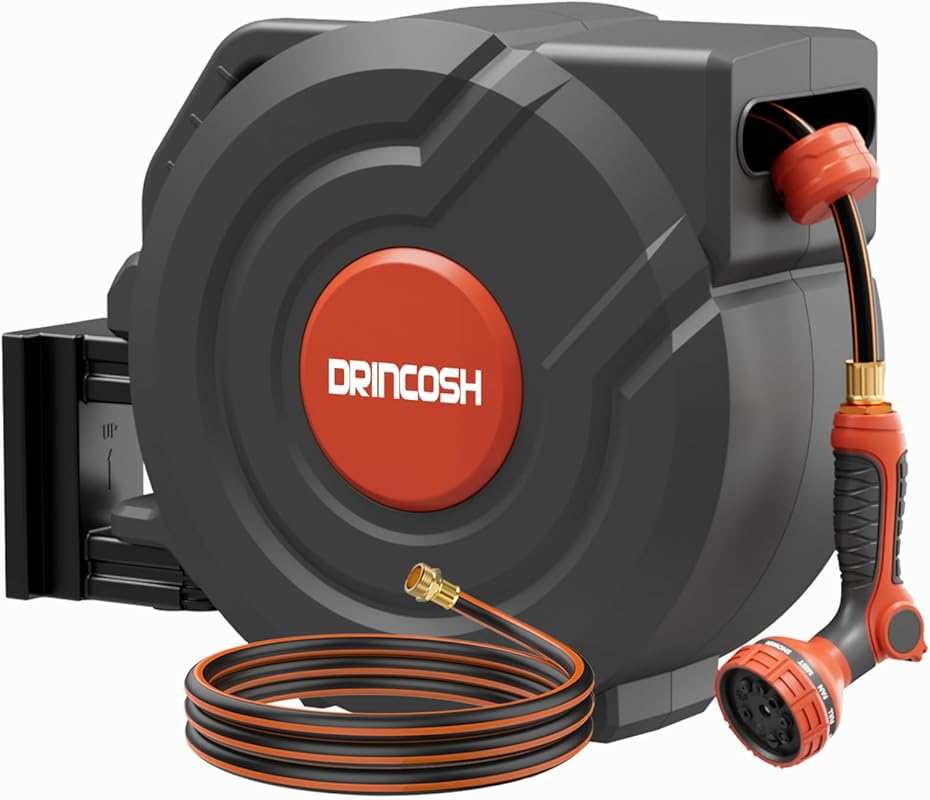100ft Automatic Rewind Garden Hose Reel with Any-Length Lock & 9 Patte