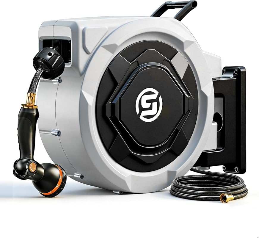 SUNPOW 150ft Retractable Garden Hose Reel with Brass Fitting & 10-Pattern Nozzle