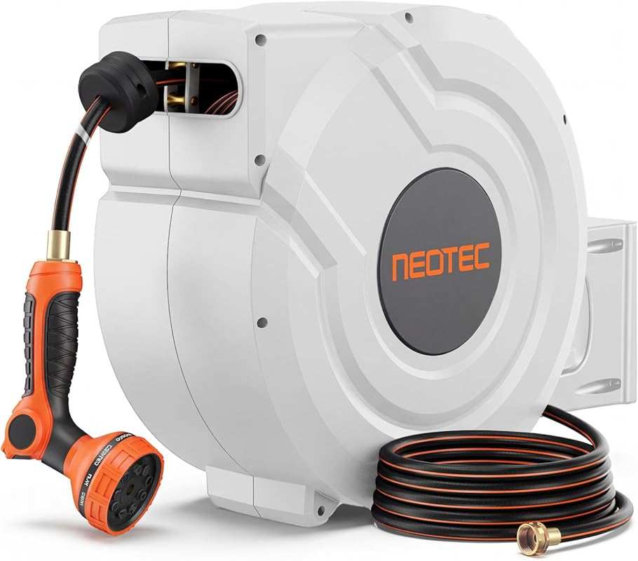 NEOTEC 100ft Retractable Hose Reel with Auto Rewind, Any-Length Lock &