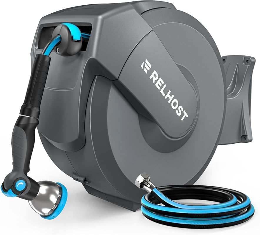 Relhost Retractable Garden Hose Reel with Auto Rewind, Any-Length Lock