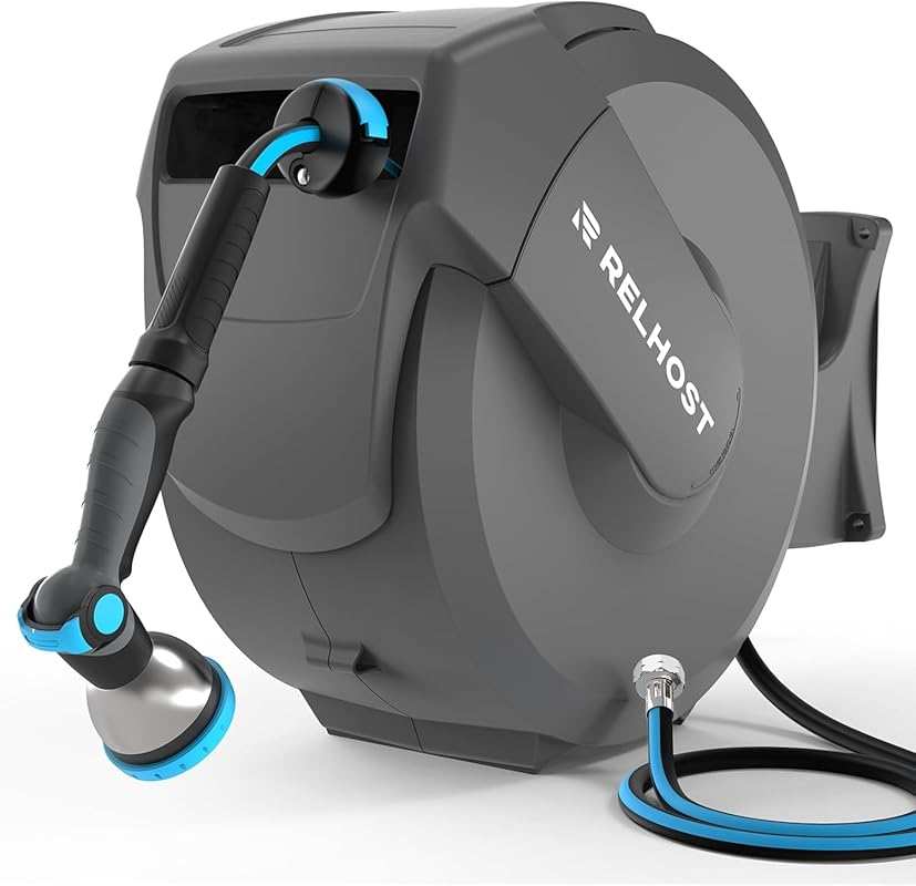 Relhost Retractable Garden Hose Reel, 120ft Auto Rewind, Wall Mount, Any-Length Lock, 10-Pattern Nozzle