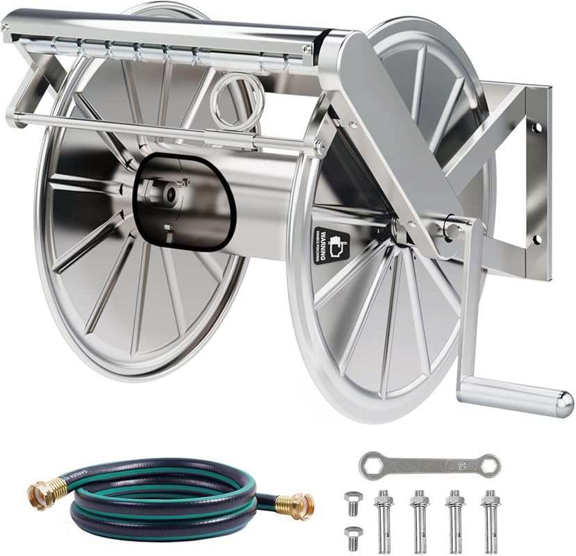 Stainless Steel Wall Mount Garden Hose Reel, 150 ft Capacity, 5/8