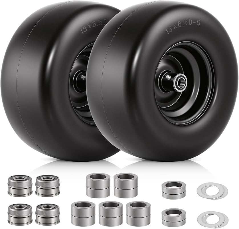 2 PCS 13x6.50-6 Flat Free Lawn Mower Tires and Wheel - Solid Tread, Ze