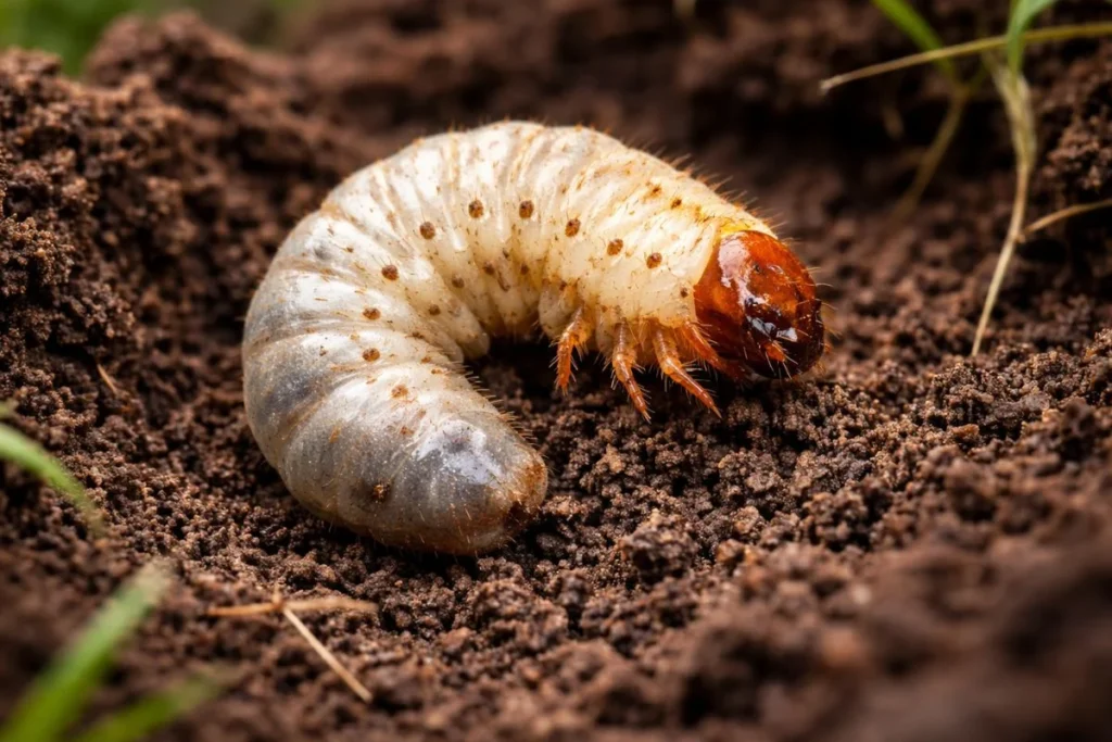 C-shaped white grub in soil