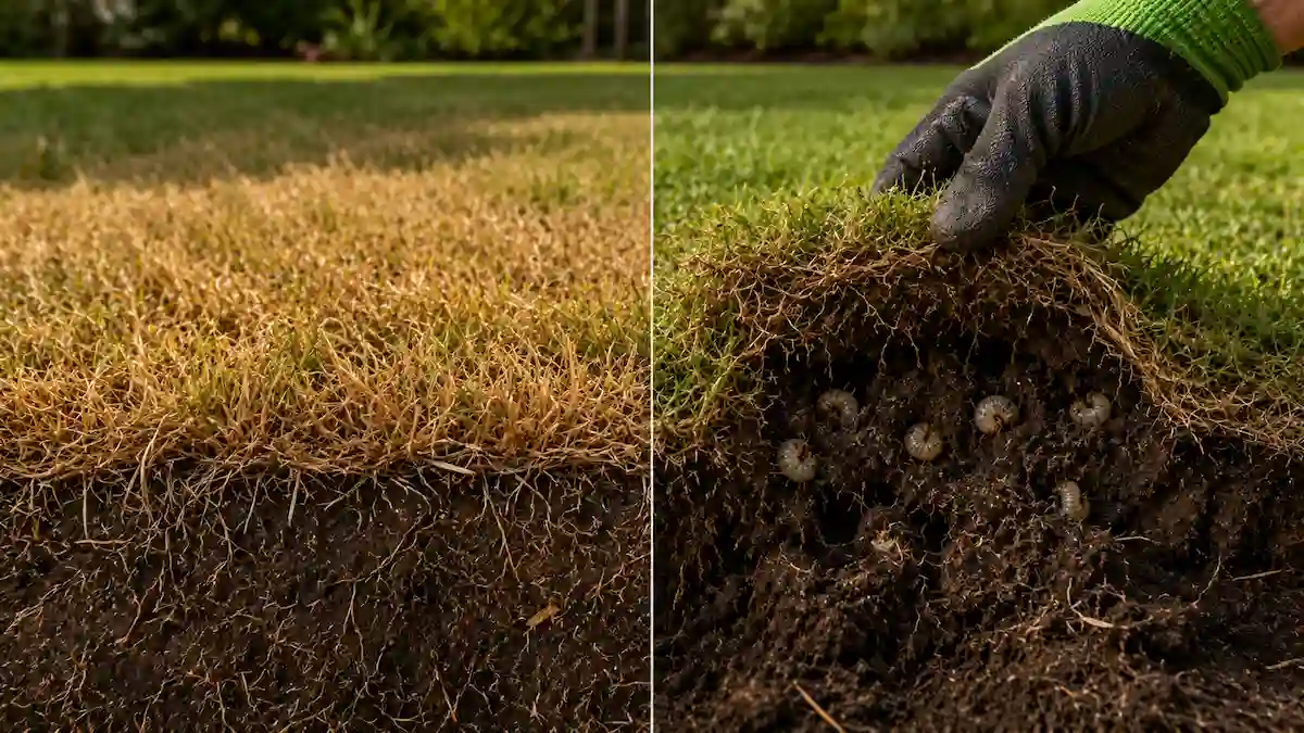 grub damage vs drought stress lawn comparison