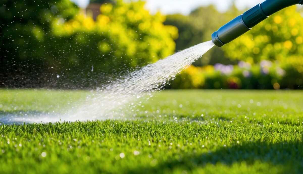 sunny lawn being watered sprinkler in yard
