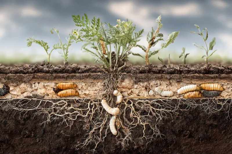 white grub larva in soil