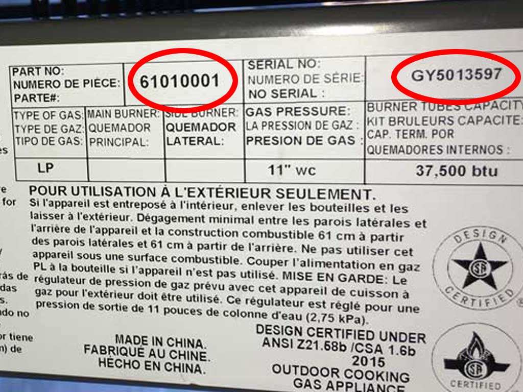 gas grill serial number label